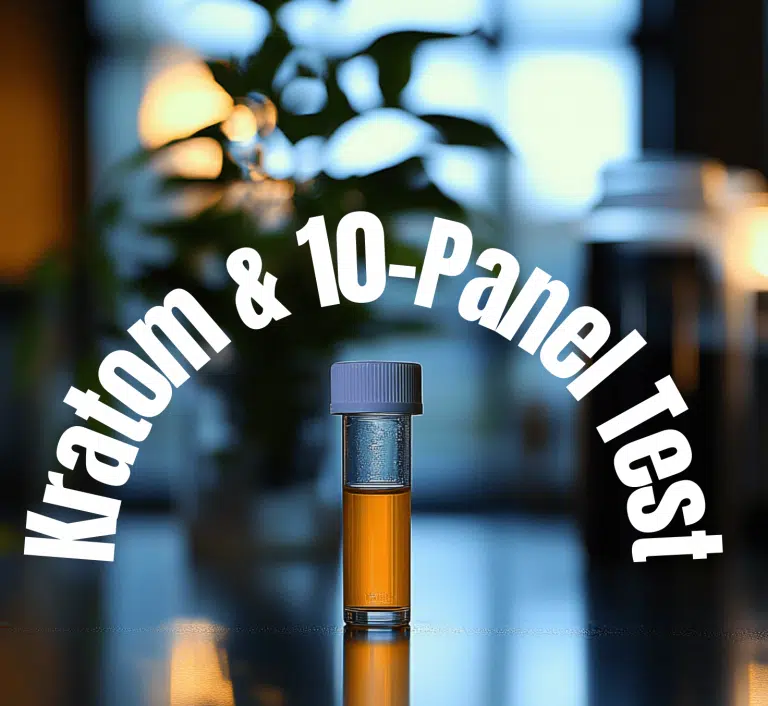 Close-up of a urine test sample with bold text 'Kratom & 10-Panel Test' arching over the image, visually highlighting the connection between kratom and drug testing. A soft-focus background features a plant and warm lighting, creating a professional yet approachable tone, ideal for addressing the question 'Will Kratom Show Up on a 10-Panel Test?