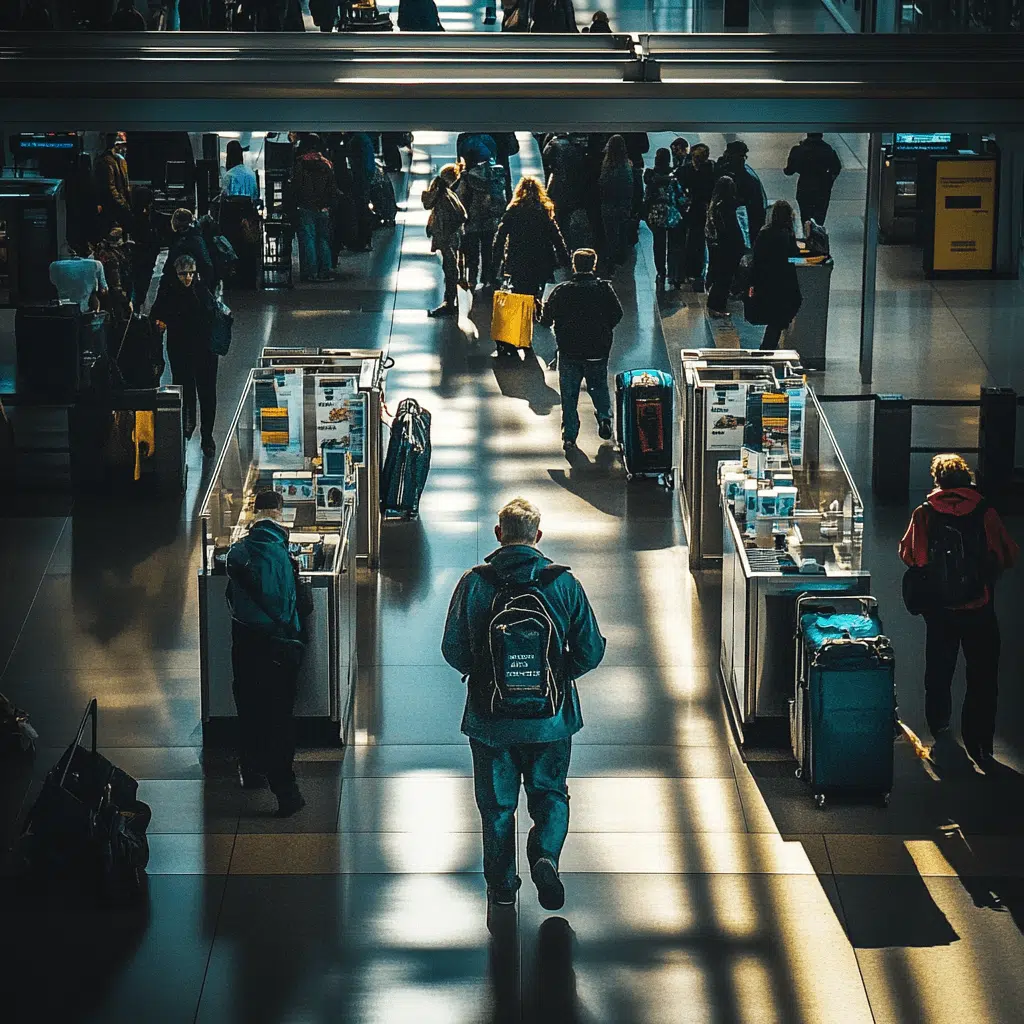 Travelers navigating airport security checkpoints with luggage and backpacks, illustrating the question: Can I take kratom on a plane safely and legally?
