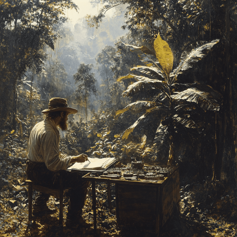 Illustration of an explorer documenting the first discovery of kratom in a lush tropical rainforest, surrounded by dense foliage and golden light filtering through the trees. The scene captures the historical moment of a naturalist studying the unique plant with sketches and tools on a rustic table, highlighting the initial exploration and documentation of kratom.