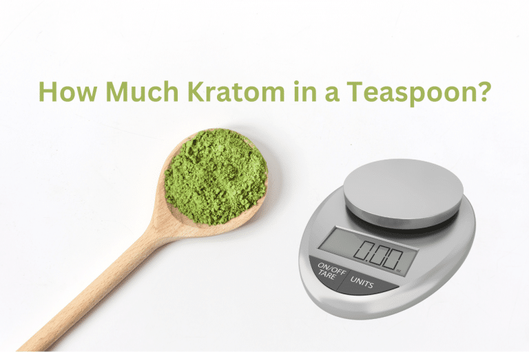 Wooden teaspoon filled with green kratom powder next to a digital scale displaying zero, illustrating how many grams of kratom are in a teaspoon.