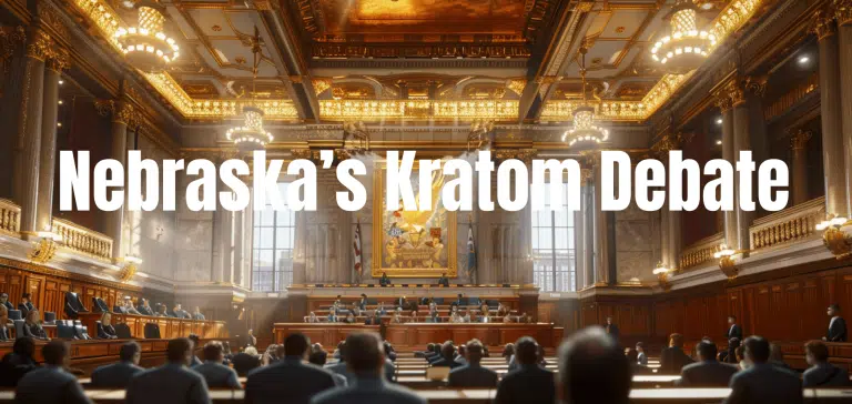 Nebraska's Kratom Debate: Inside a grand legislative chamber with lawmakers gathered to discuss the future of kratom regulation in the state.