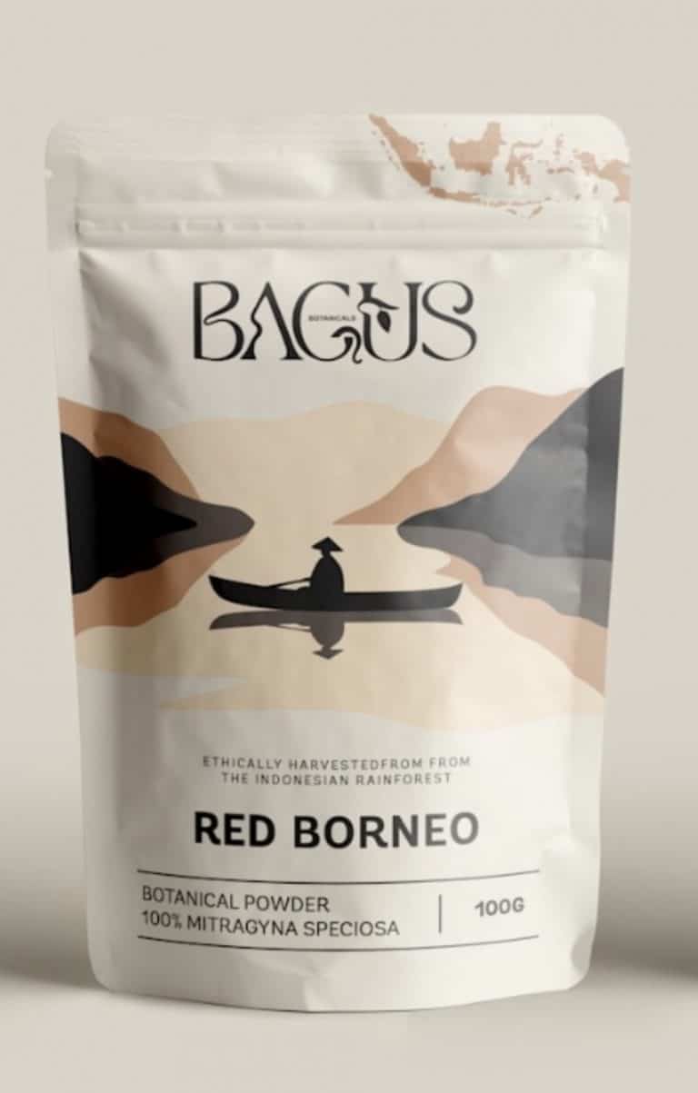 Red Borneo Kratom Powder in a pouch by Bagus Botanicals