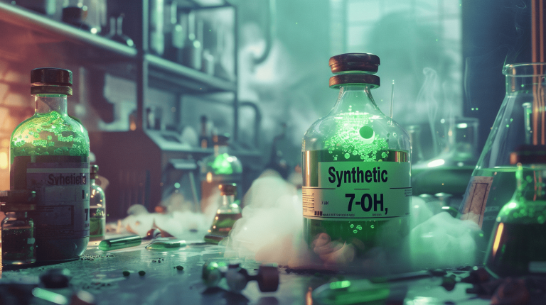 An advanced laboratory showcasing a glowing vial labeled 'Synthetic 7-OH,' representing the synthesis and research of hydroxie 7-hydroxymitragynine, a potent compound studied for its pharmacological properties