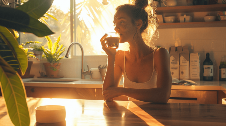 A serene morning scene of a woman sipping tea in a sunlit kitchen surrounded by lush plants and natural decor, symbolizing a calm and energized start to the day with White Borneo kratom.