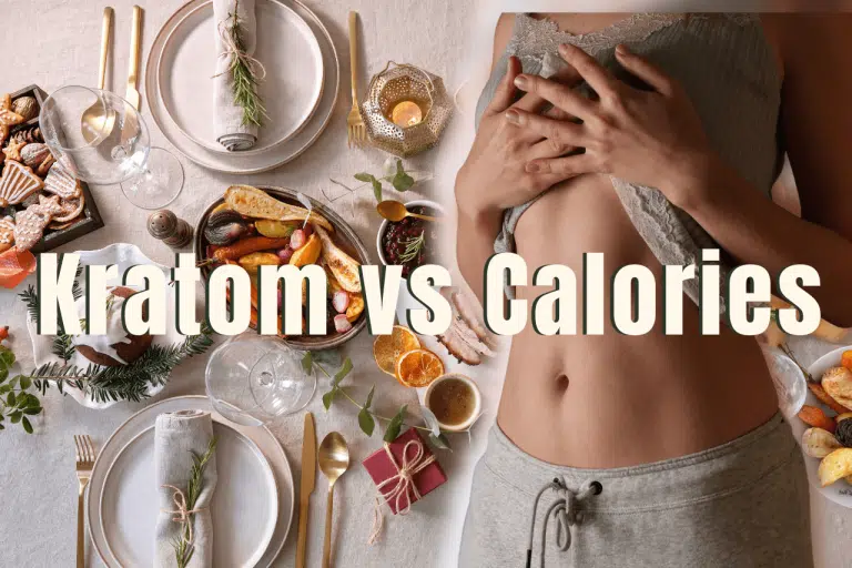 A split-image featuring a festive feast on one side and a woman holding her stomach on the other, with the text "Kratom vs. Calories." This visual highlights the debate on whether consuming kratom on an empty stomach or with food affects absorption, digestion, and caloric intake.