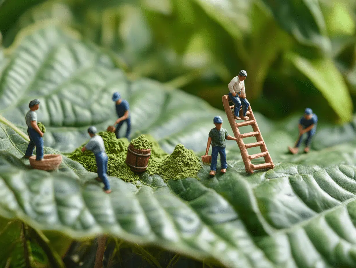 A miniature scene of Indonesian workers harvesting and processing kratom on a giant kratom leaf. Tiny farmers use ladders, rakes, and baskets to handle vibrant green kratom powder, symbolizing traditional kratom farming and production in Southeast Asia. The lush background of kratom leaves enhances the natural and organic feel of the image