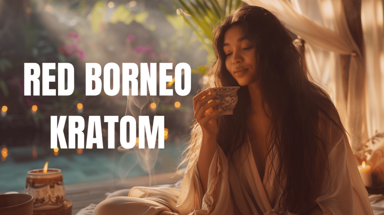 Relaxing with Red Borneo Kratom – A serene woman enjoys a steaming cup of kratom tea in a tranquil, candle-lit setting, evoking calm and well-being