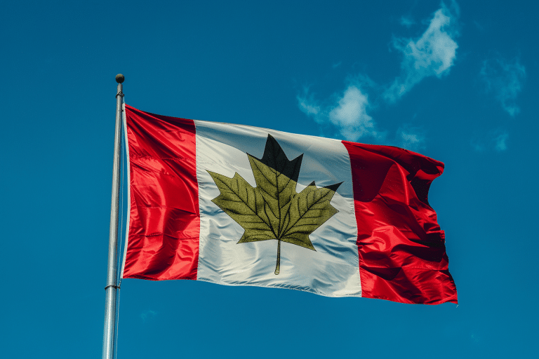 Canadian flag waving in the wind with a green kratom leaf replacing the traditional red maple leaf, symbolizing kratom's legal debate in Canada.