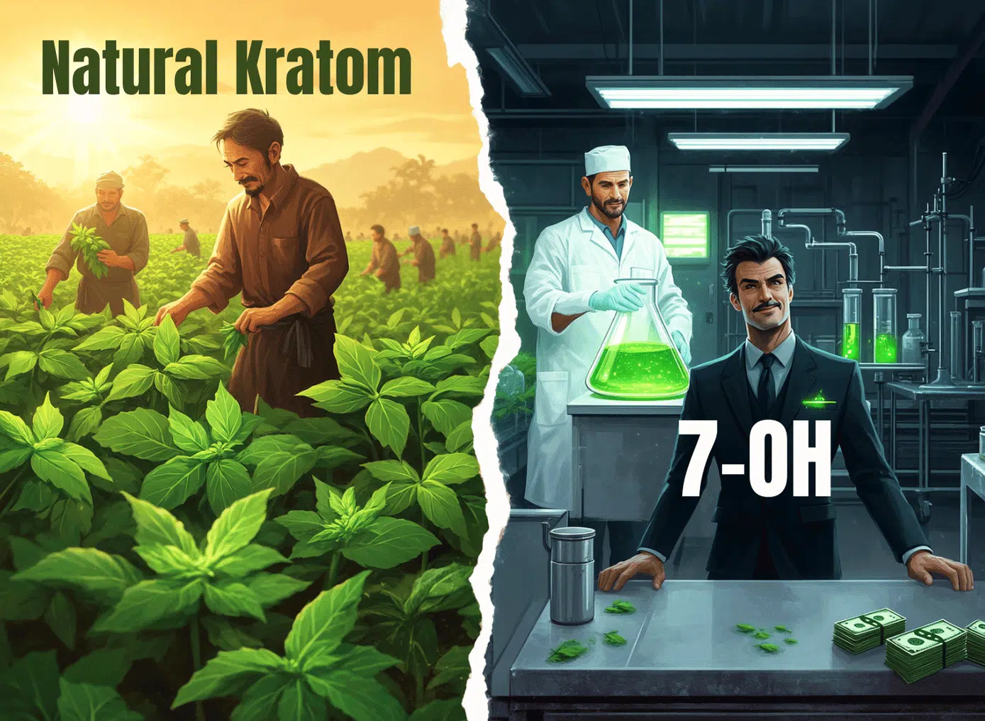 A split-screen image contrasting two scenes. On the left, labeled "Natural Kratom," Southeast Asian farmers handpick large, veined kratom leaves in a lush green field under warm sunlight. They wear traditional clothing and work calmly among rows of healthy plants. On the right, labeled "7-OH," a cold, sterile lab is shown. A man in a suit with a smug expression stands at a table with cash stacks and processed kratom leaves, while a lab technician in the background handles a large flask filled with glowing green liquid. The environment is artificial and lit with harsh fluorescent lighting, highlighting a sense of profit-driven synthetic production.