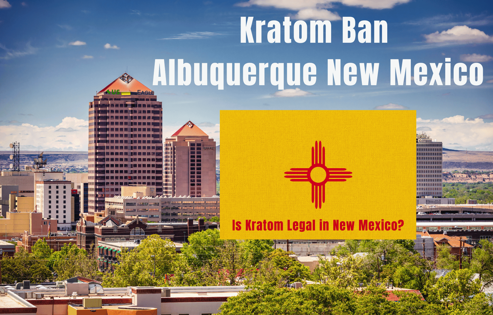 Albuquerque New Mexico skyline with headline text Kratom Ban and New Mexico state flag showing question Is Kratom Legal in New Mexico.